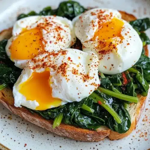 Air Fryer Poached Eggs on toast with spinach, garnished with paprika.