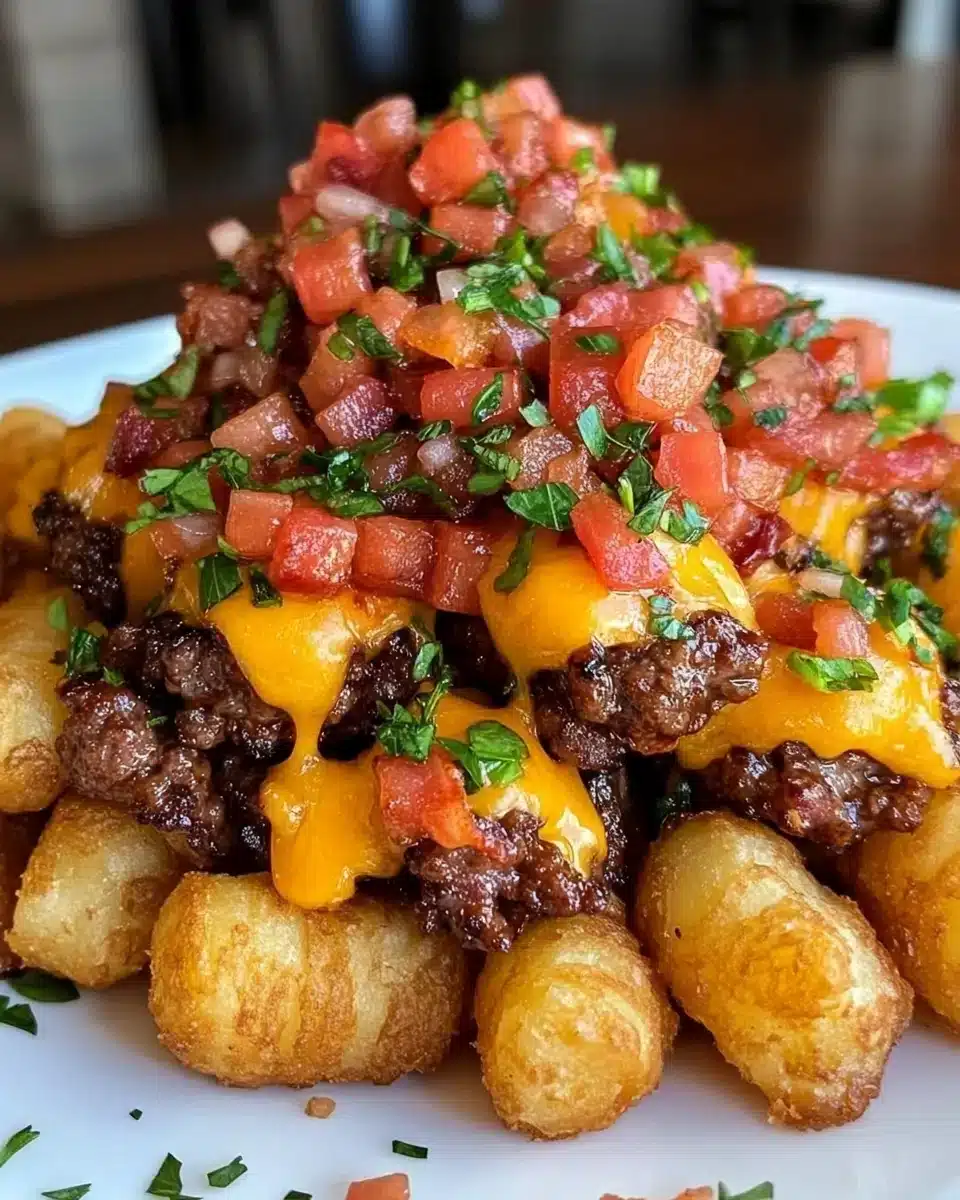 Bacon Cheeseburger Stuffed Tater Tot Cones piled high with toppings