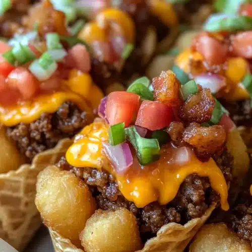 Delicious Bacon Cheeseburger Stuffed Tater Tot Cones ready to serve.