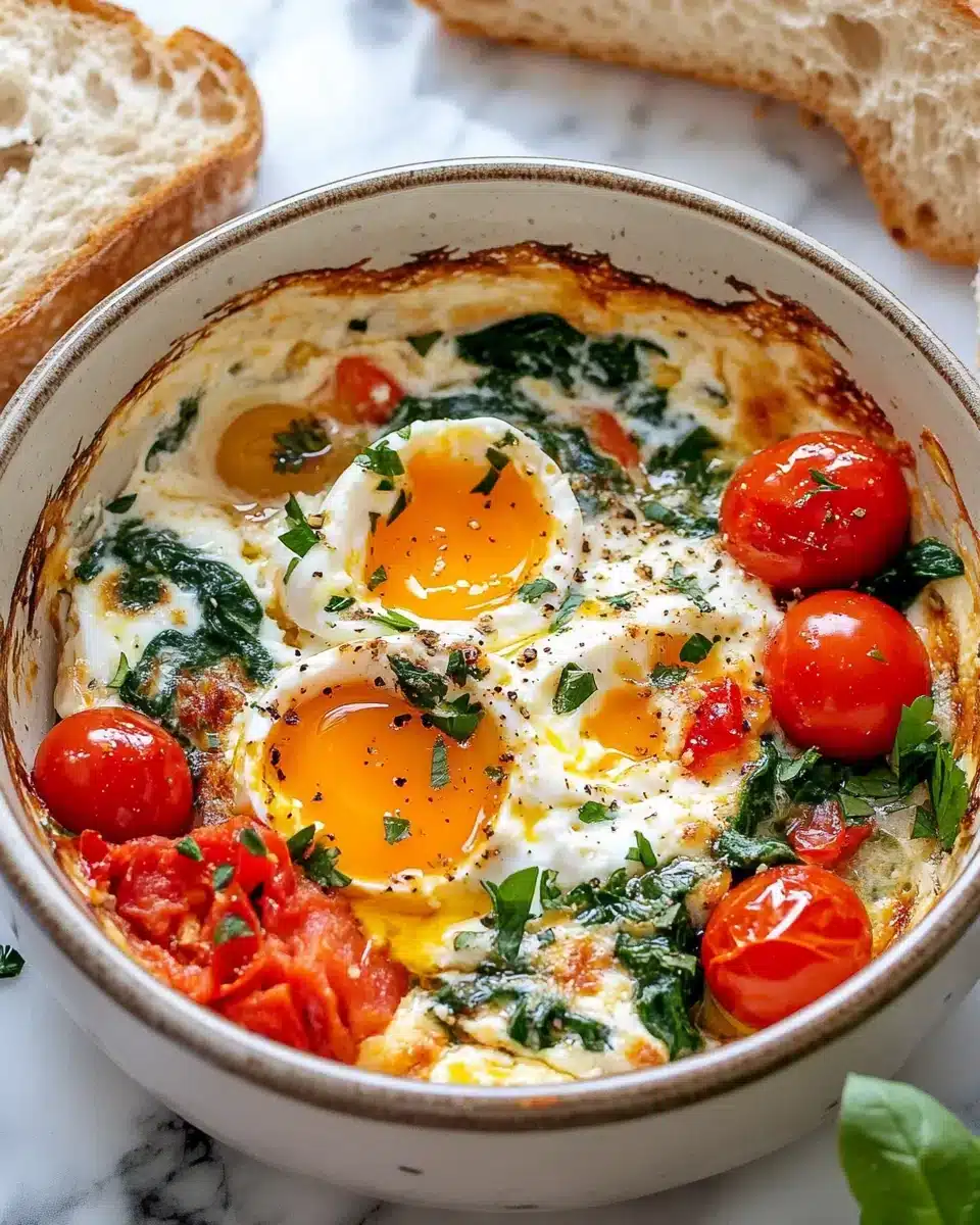 Delicious Baked Feta Eggs Recipe featuring vibrant tomatoes and spinach.