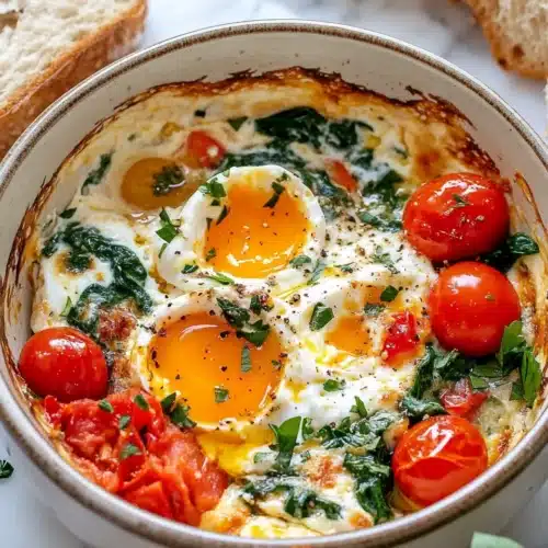 Delicious Baked Feta Eggs Recipe featuring vibrant tomatoes and spinach.