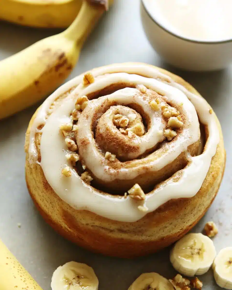 Delicious Banana Bread Cinnamon Roll topped with creamy icing, perfect for breakfast.