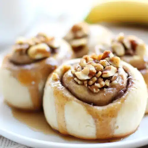 Delicious Banana Bread Cinnamon Roll with walnuts, freshly baked.