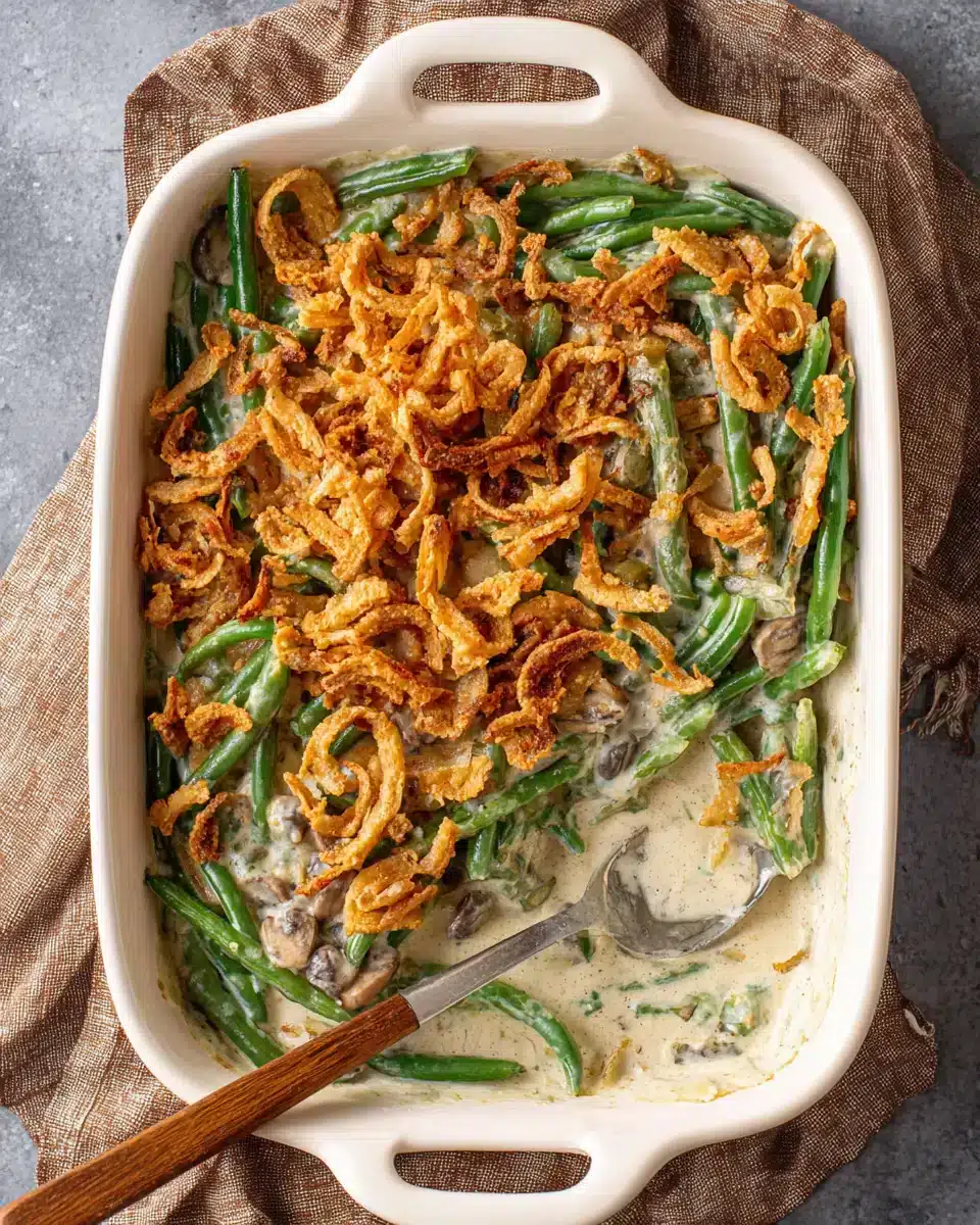 Best Green Bean Casserole with crunchy fried onions and creamy texture