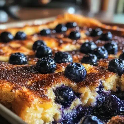 Delicious Blueberry French Toast Casserole with juicy blueberries.
