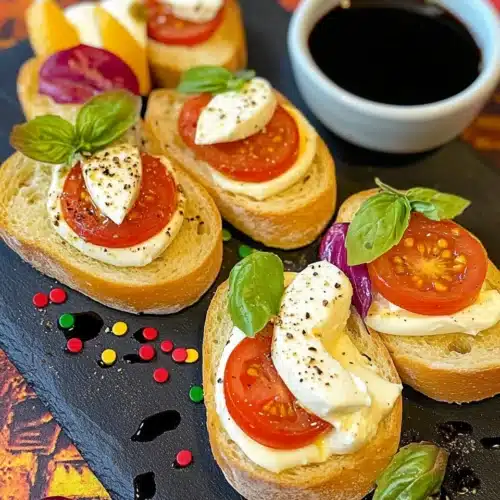 Delicious Boo-Schetta with mozzarella ghosts and fresh toppings.