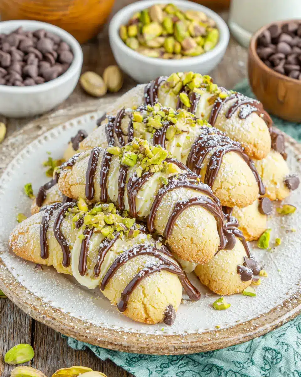 Delicious Cannoli Cookies with chocolate drizzle and powdered sugar.