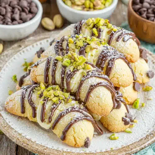 Delicious Cannoli Cookies with chocolate drizzle and powdered sugar.
