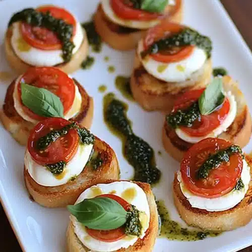 Delicious Caprese Crostini Ghosts featuring mozzarella, tomatoes, and pesto.