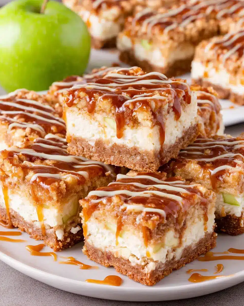 Delicious Caramel Apple Cheesecake Bars drizzled with caramel