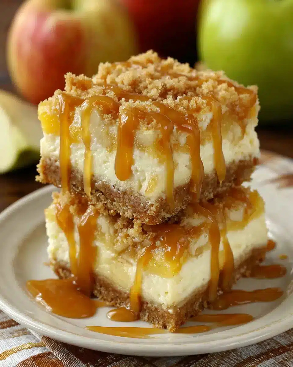 Delicious Caramel Apple Cheesecake Bars drizzled with caramel.