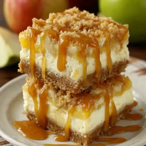 Delicious Caramel Apple Cheesecake Bars drizzled with caramel.