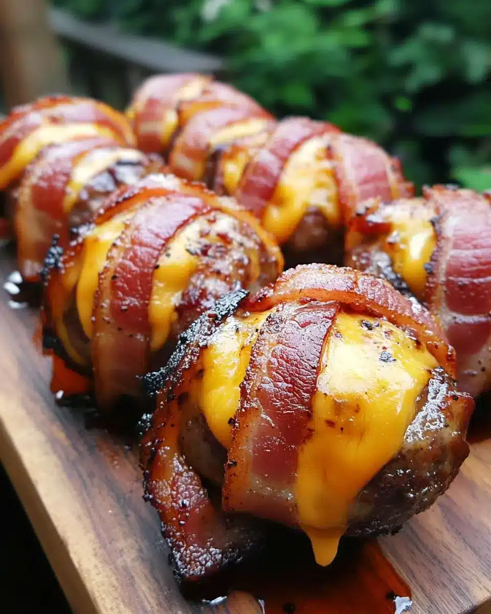 Delicious Cheddar-Stuffed BBQ Bacon Bombs ready to be served.