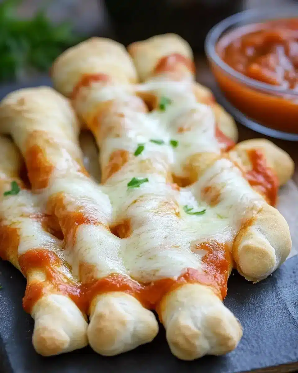 Cheesy Halloween Breadstick Bones served with marinara sauce.