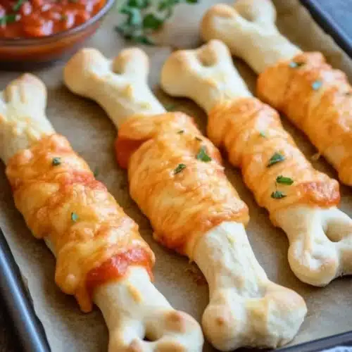 Cheesy Halloween Breadstick Bones served with marinara sauce.