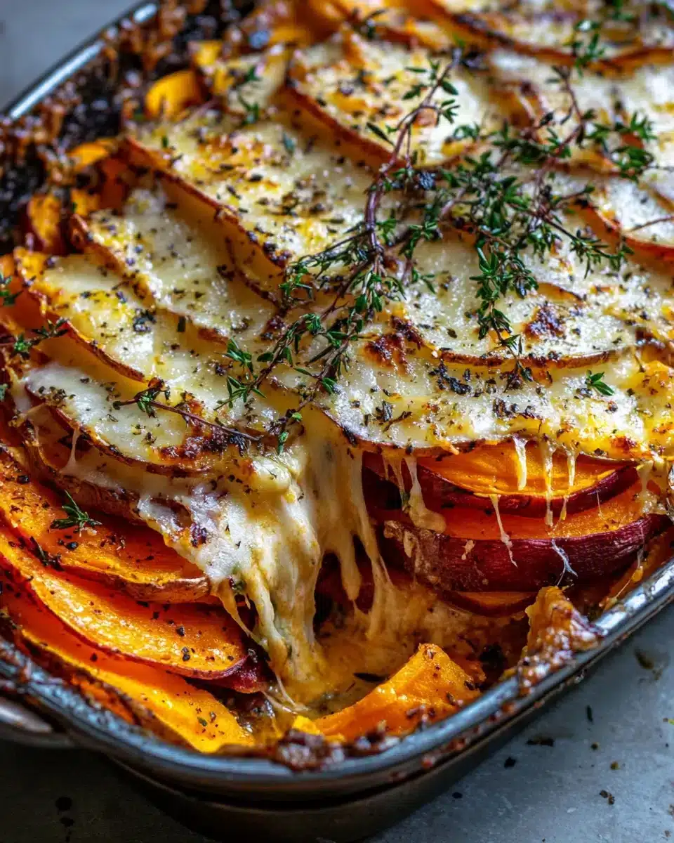 Delicious Cheesy Root Vegetable Gratin with sweet potatoes, parsnips, and beets.
