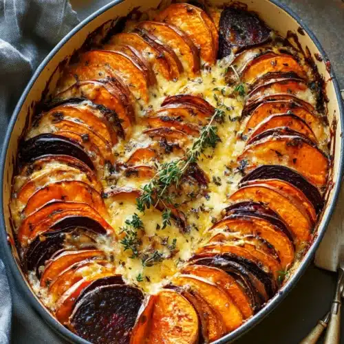 Delicious Cheesy Root Vegetable Gratin with layers of root vegetables.