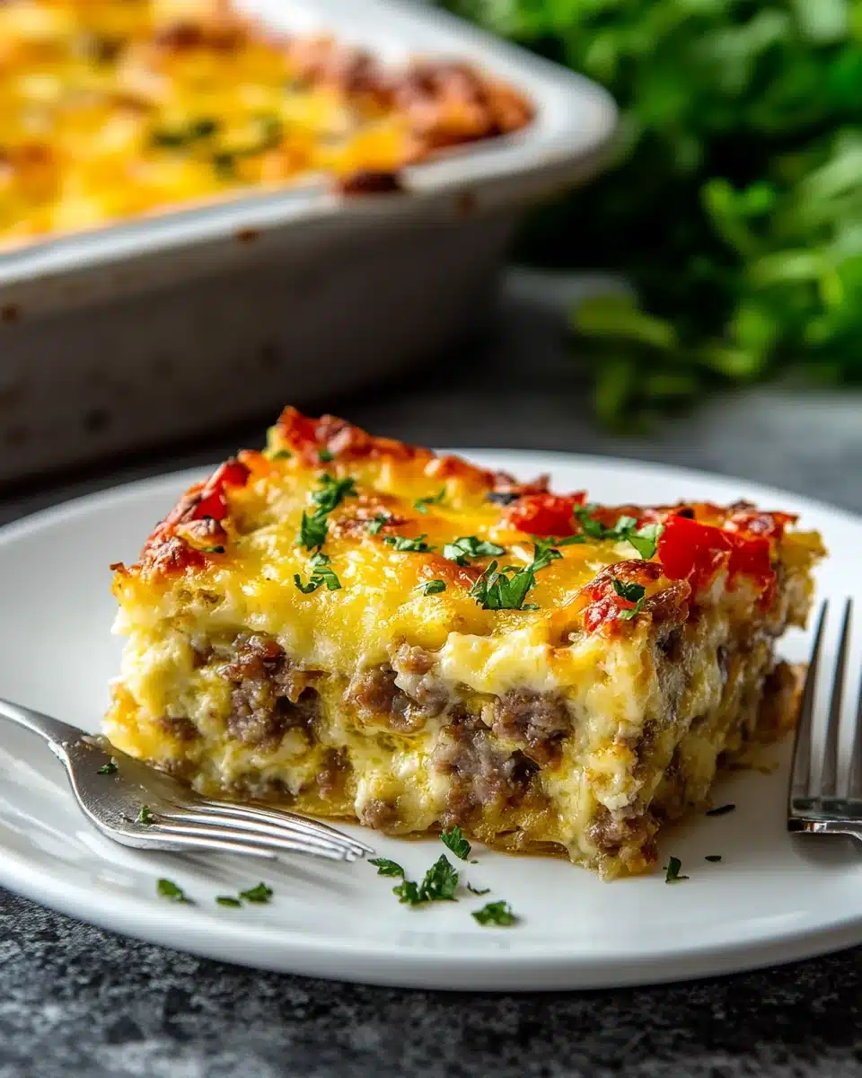 Cheesy Sausage Breakfast Casserole Slice Delicious Cheesy Sausage Breakfast Casserole slice on a plate.