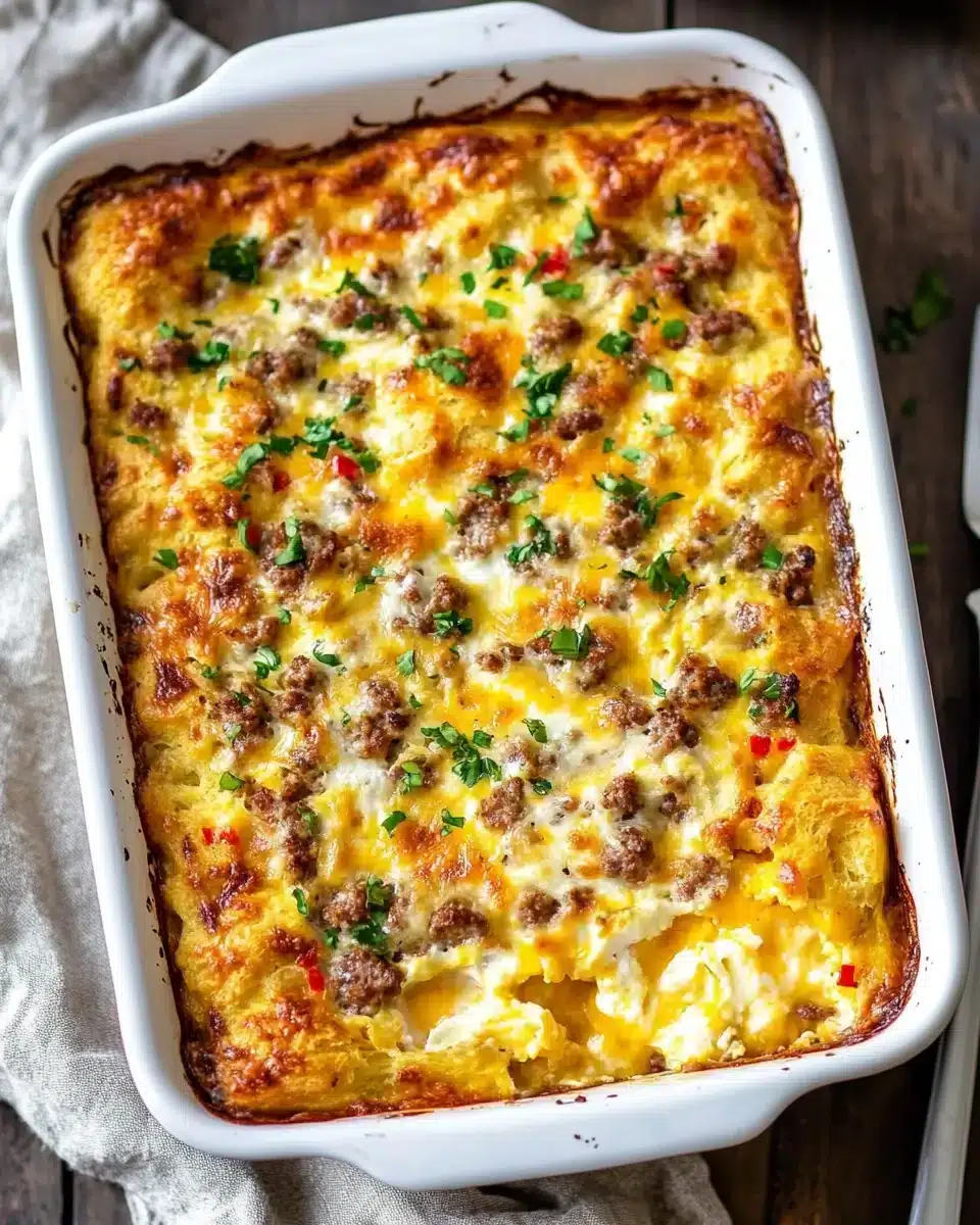Delicious Cheesy Sausage Breakfast Casserole Cheesy Sausage Breakfast Casserole made with crescent rolls and cheddar cheese.