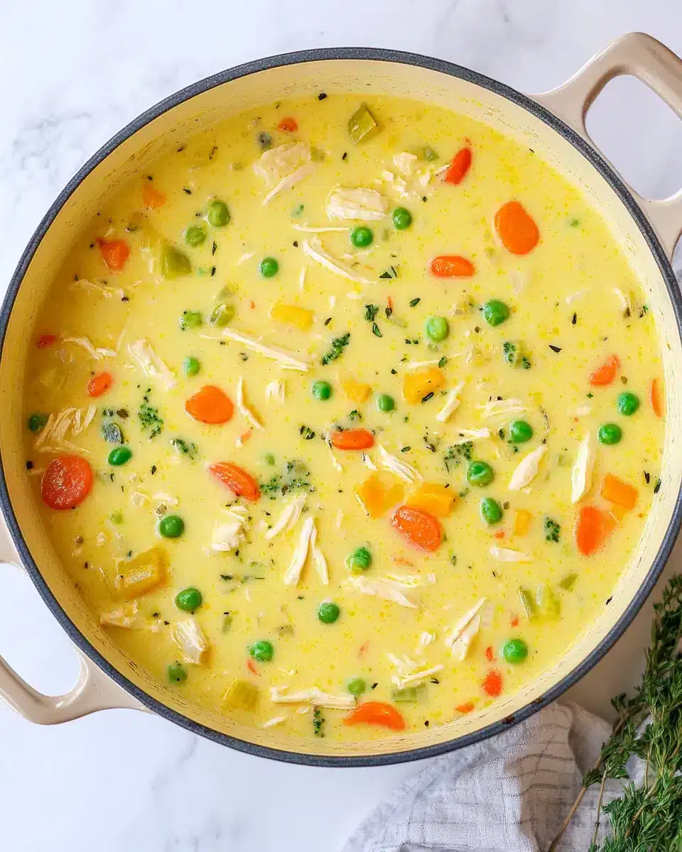 Chicken Pot Pie Soup - Comfort in a Bowl Delicious Chicken Pot Pie Soup with vegetables and chicken in a pot.