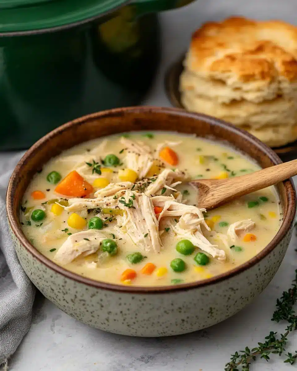 Creamy Chicken Pot Pie Soup Delicious Chicken Pot Pie Soup with vegetables and biscuit, perfect for chilly evenings.