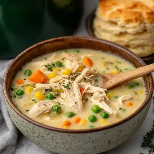 Chicken Pot Pie Soup 1 Delicious Chicken Pot Pie Soup with vegetables and biscuit, perfect for chilly evenings.