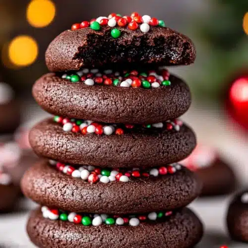 Chocolate Thumbprint Cookies stacked with colorful toppings.