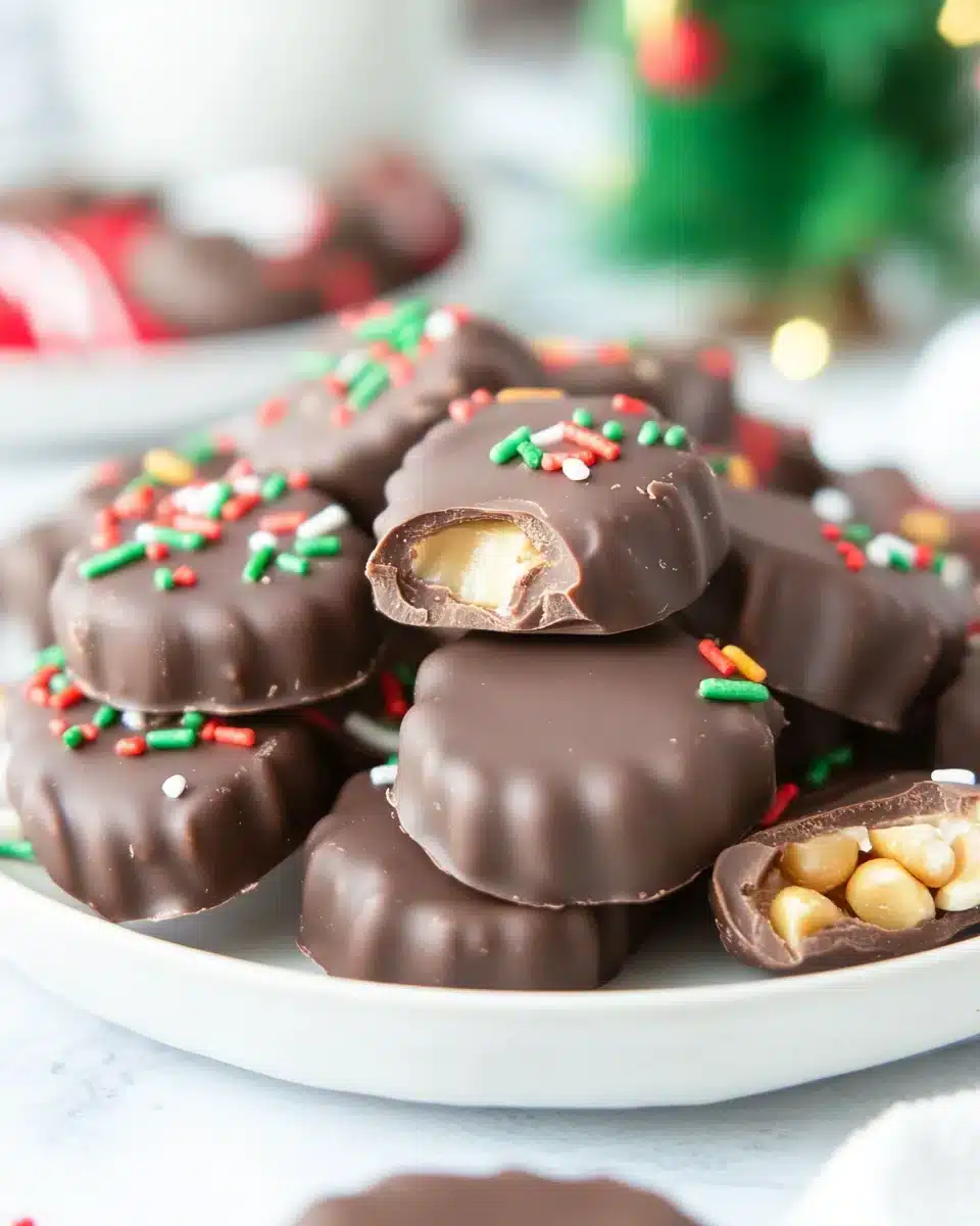 Christmas Crock Pot Candy Treats Delicious Christmas Crock Pot Candy with festive sprinkles and chocolate coating.