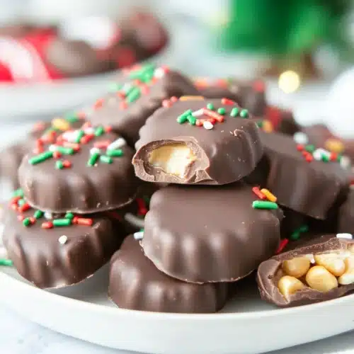 Christmas Crock Pot Candy 1 Delicious Christmas Crock Pot Candy with festive sprinkles and chocolate coating.