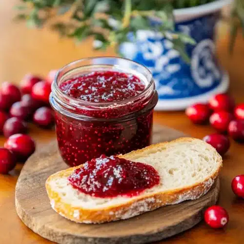 Delicious Christmas Jam on bread with fresh cranberries nearby.