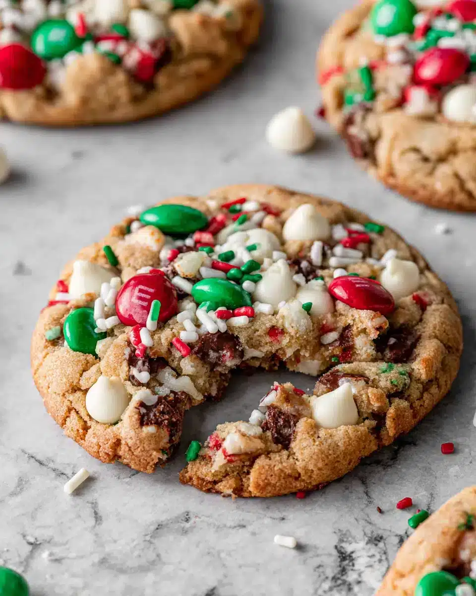 Delicious Christmas Kitchen Sink Cookies with M&M's and sprinkles.