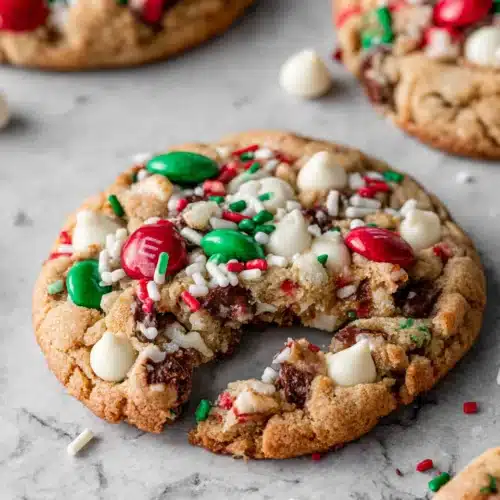 Delicious Christmas Kitchen Sink Cookies with M&M's and sprinkles.