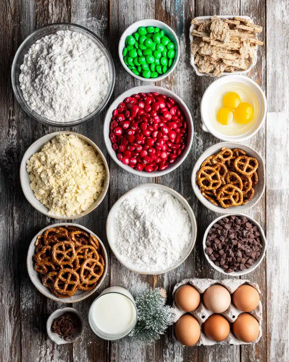Ingredients for Christmas Kitchen Sink Cookies laid out on a wooden table.