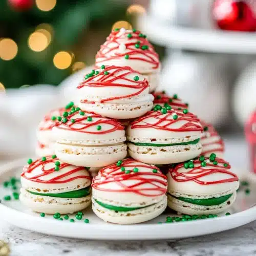 Christmas Tree Cake Macarons with red frosting and green sprinkles