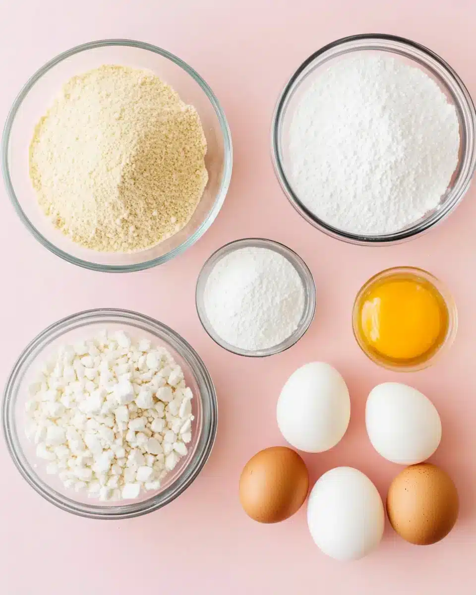 Essential ingredients for Christmas Tree Cake Macarons: almond flour, egg whites, and more.