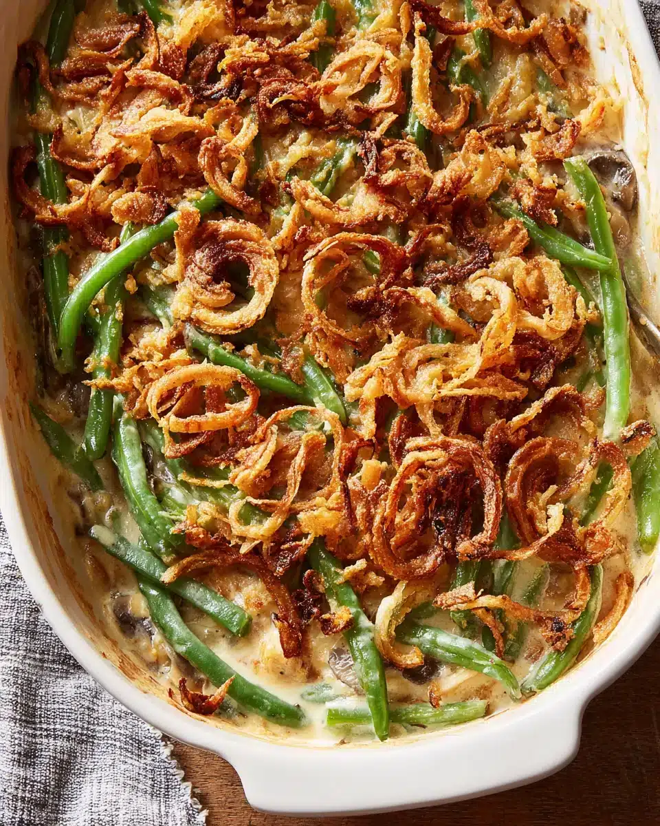 Delicious classic Thanksgiving Green Bean Casserole with fried onions.