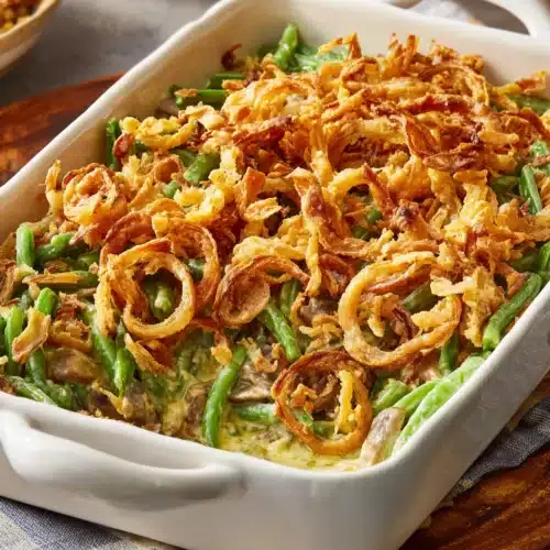 Delicious classic Thanksgiving Green Bean Casserole with creamy sauce and crispy onions.