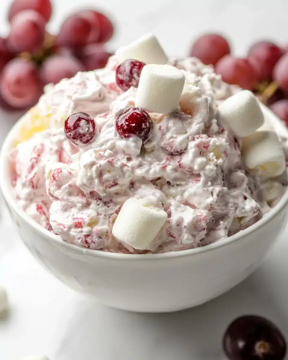 Cranberry Fluff Delight Delicious Cranberry Fluff with marshmallows and grapes in a bowl