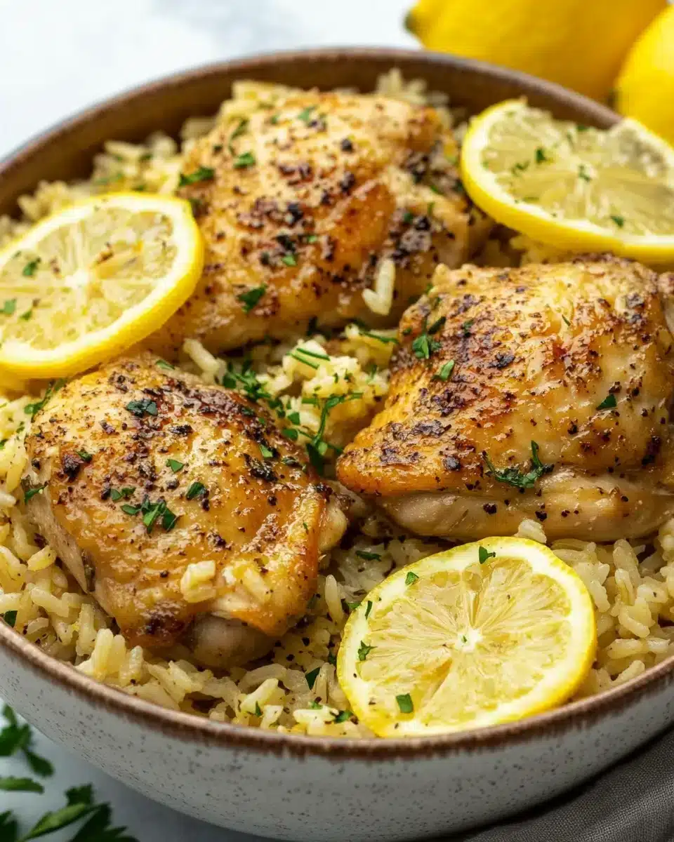 CrockPot Lemon Chicken and Rice with tender chicken thighs and lemon slices.