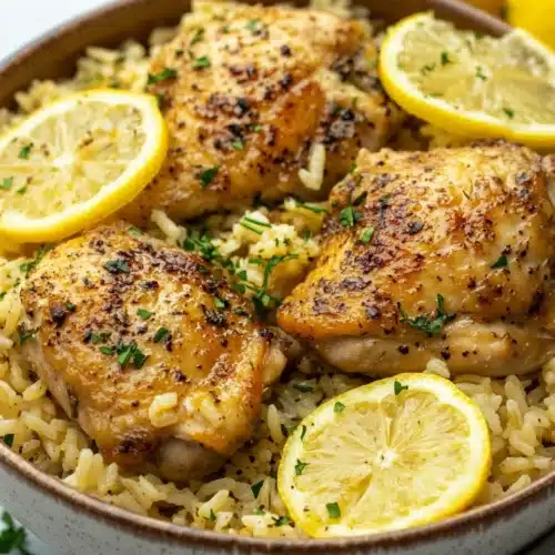 CrockPot Lemon Chicken and Rice with tender chicken thighs and lemon slices.