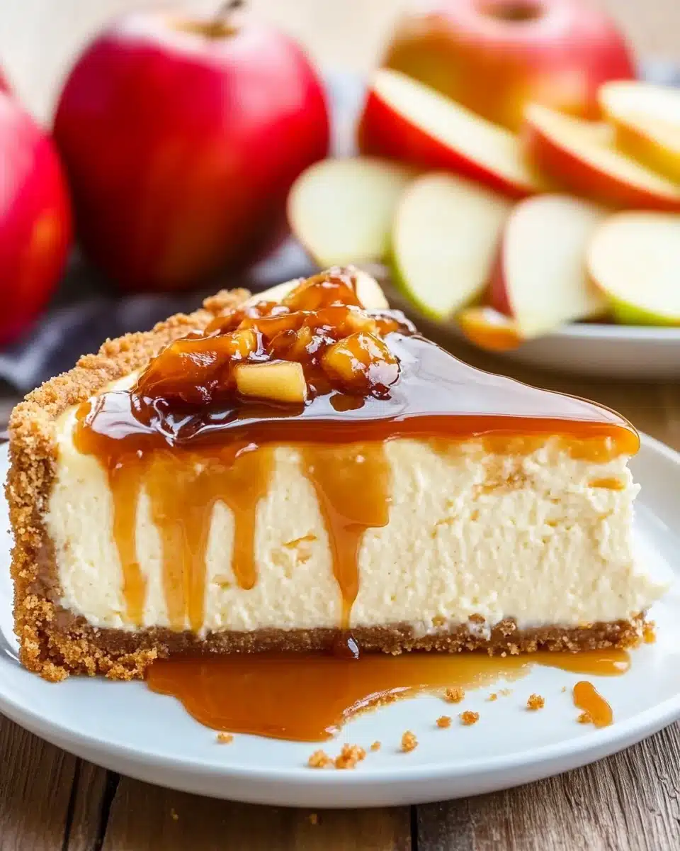 Easy Caramel Apple Cheesecake Slice Delicious Easy Caramel Apple Cheesecake slice with caramel drizzle.