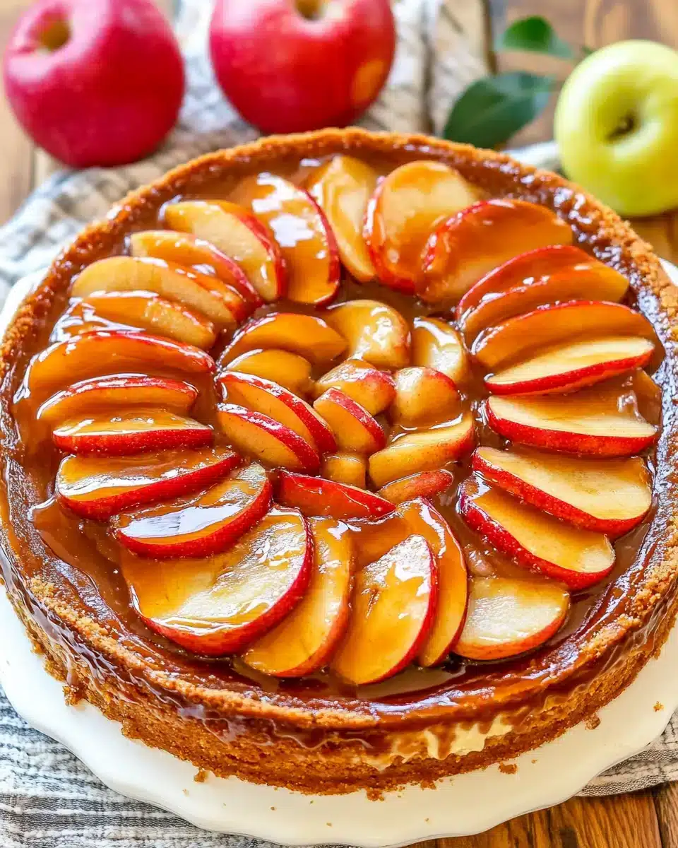 Easy Caramel Apple Cheesecake Easy caramel apple cheesecake topped with caramel and apple slices.