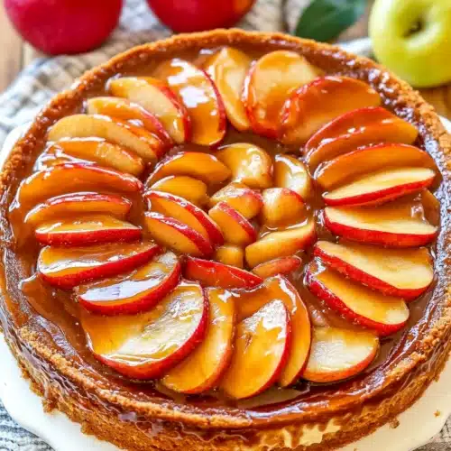 Easy Caramel Apple Cheesecake 1 Easy caramel apple cheesecake topped with caramel and apple slices.