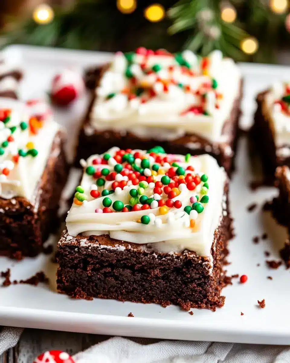 Easy Christmas Brownies with Festive Toppings Delicious Easy Christmas Brownies with festive icing and sprinkles.
