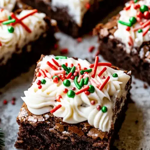 Easy Christmas Brownies Recipe 1 Delicious Easy Christmas Brownies topped with festive icing and sprinkles.