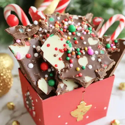 Easy Christmas Chocolate Bark 1 Easy Christmas Chocolate Bark with festive toppings in a gift box.