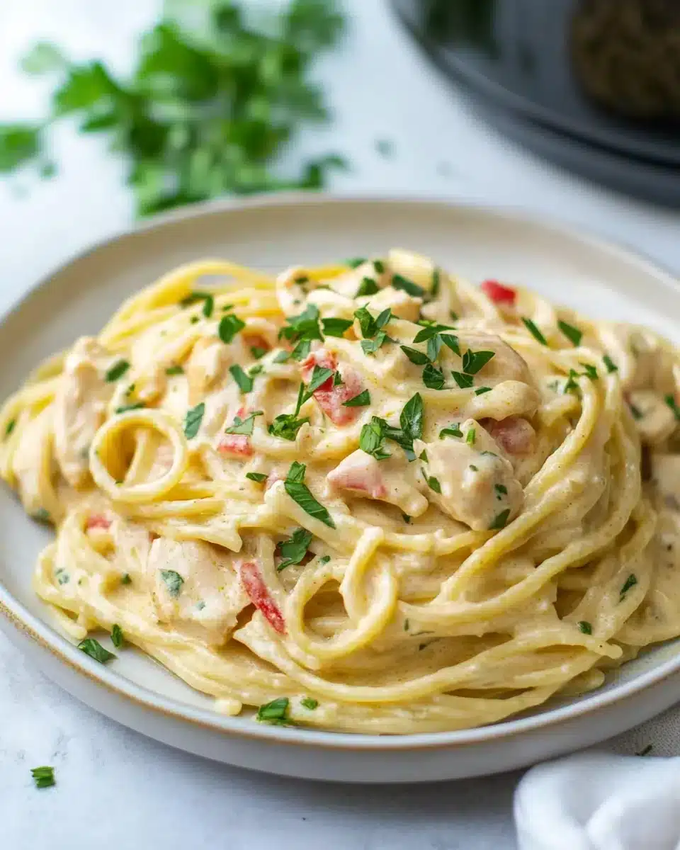 Easy Crockpot Chicken Spaghetti Dish Delicious Easy Crockpot Chicken Spaghetti served in a white bowl.