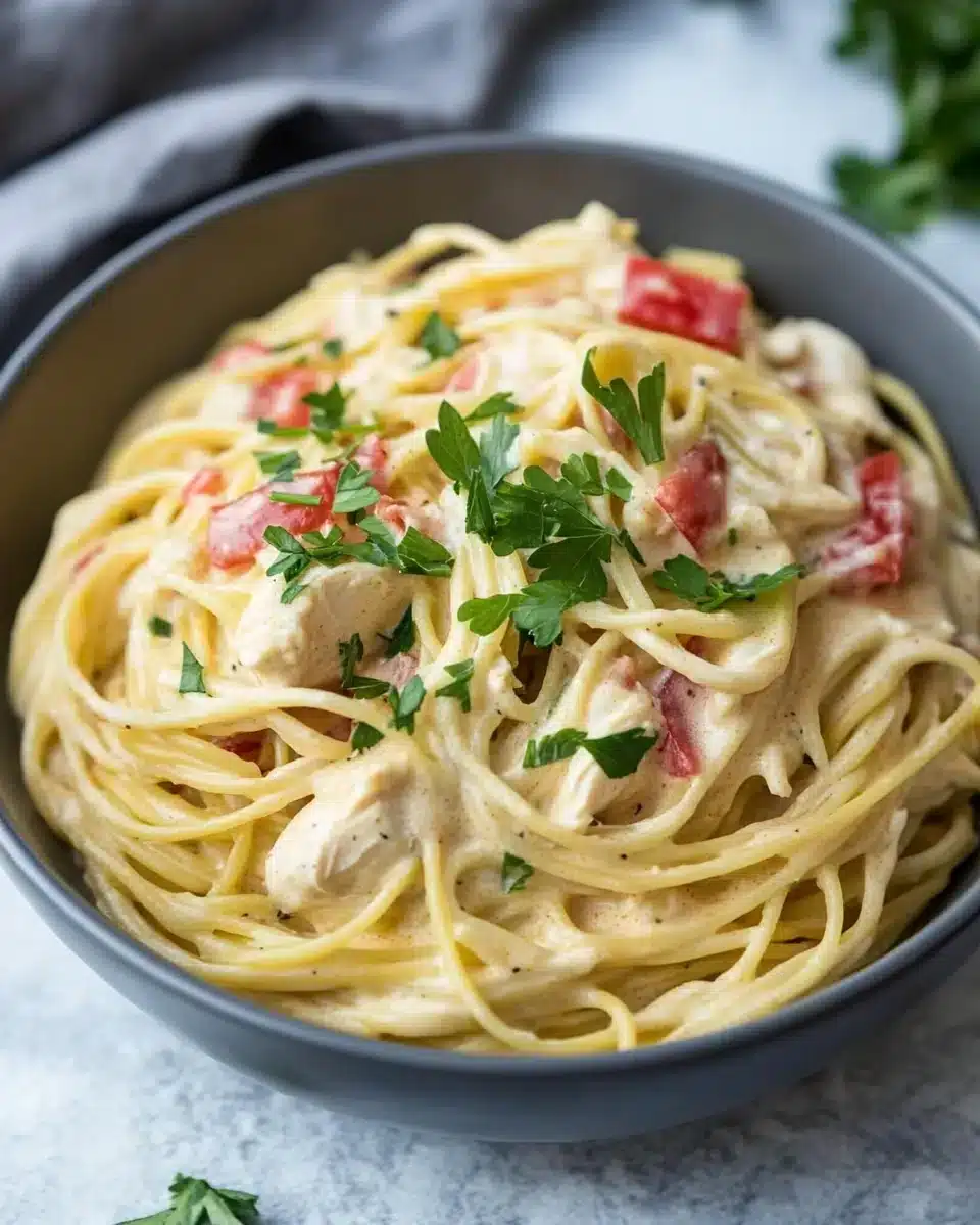 Delicious Easy Crockpot Chicken Spaghetti Creamy Easy Crockpot Chicken Spaghetti with parsley garnish