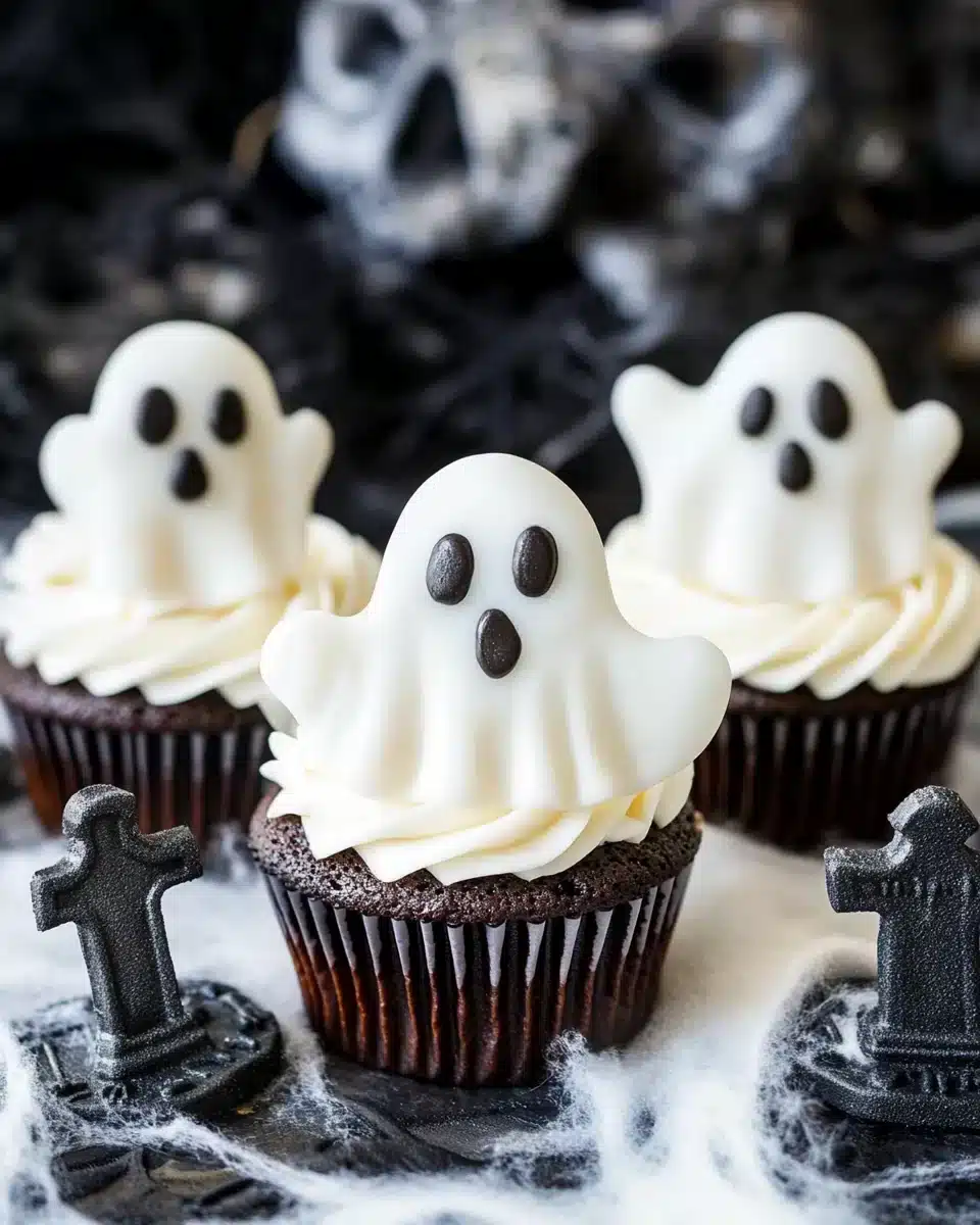 Easy Halloween Ghost Cupcakes Easy Halloween Ghost Cupcakes atop a spooky-themed table.