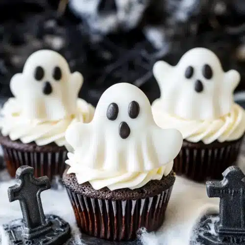 Easy Halloween Ghost Cupcakes 1 Easy Halloween Ghost Cupcakes atop a spooky-themed table.
